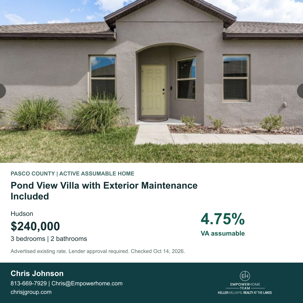 Pond View Villa with Exterior Maintenance Included in Hudson, Pasco County; exterior photo, asking price and advertised VA assumption rate