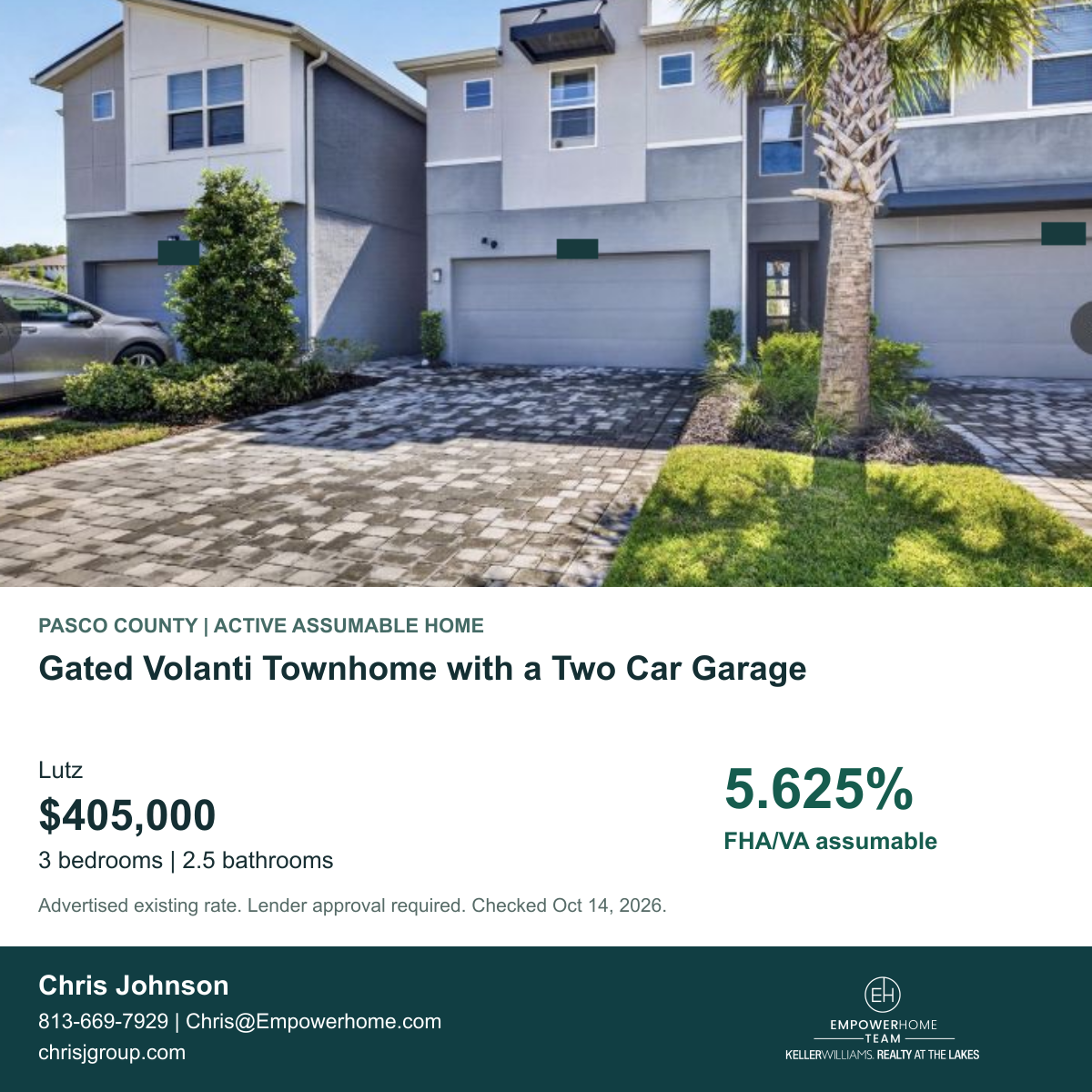 Gated Volanti Townhome with a Two Car Garage in Lutz, Pasco County; exterior photo, asking price and advertised FHA/VA assumption rate