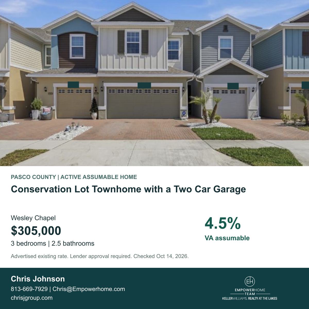 Conservation Lot Townhome with a Two Car Garage in Wesley Chapel, Pasco County; exterior photo, asking price and advertised VA assumption rate
