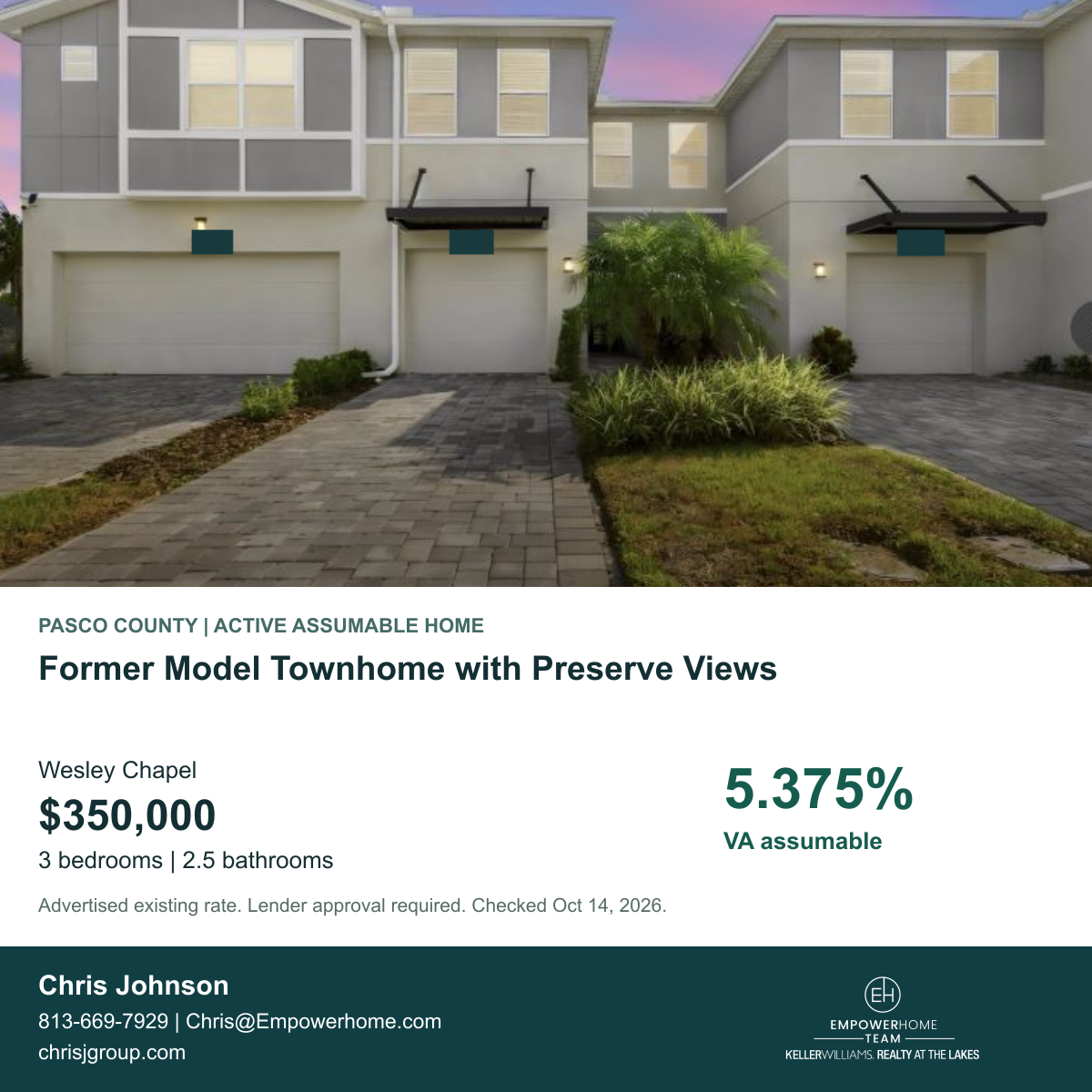 Former Model Townhome with Preserve Views in Wesley Chapel, Pasco County; exterior photo, asking price and advertised VA assumption rate