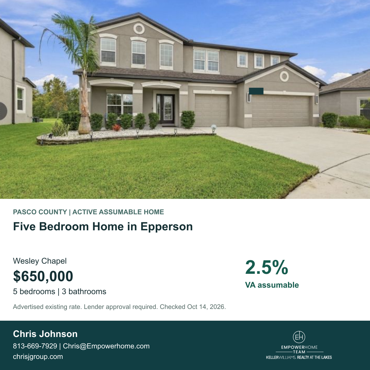 Five Bedroom Home in Epperson in Wesley Chapel, Pasco County; exterior photo, asking price and advertised VA assumption rate
