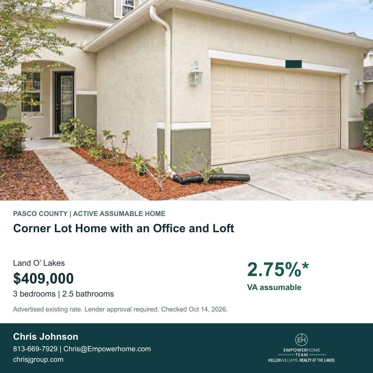 Corner Lot Home with an Office and Loft in Land O’ Lakes, Pasco County; exterior photo, asking price and advertised VA assumption rate