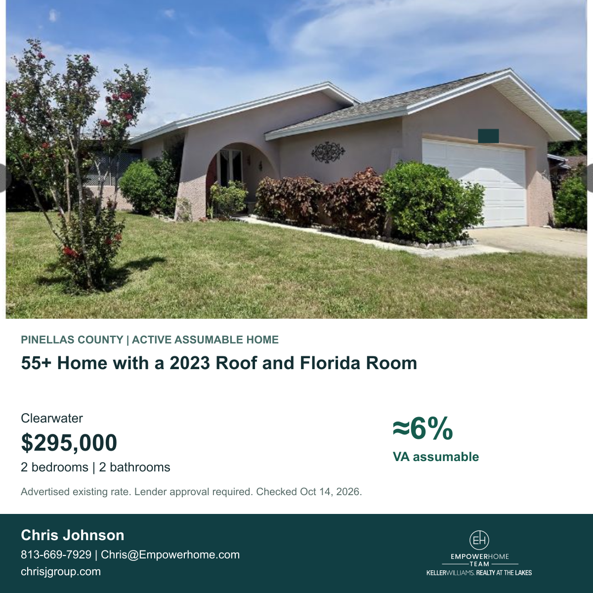 55+ Home with a 2023 Roof and Florida Room in Clearwater, Pinellas County; exterior photo, asking price and advertised VA assumption rate