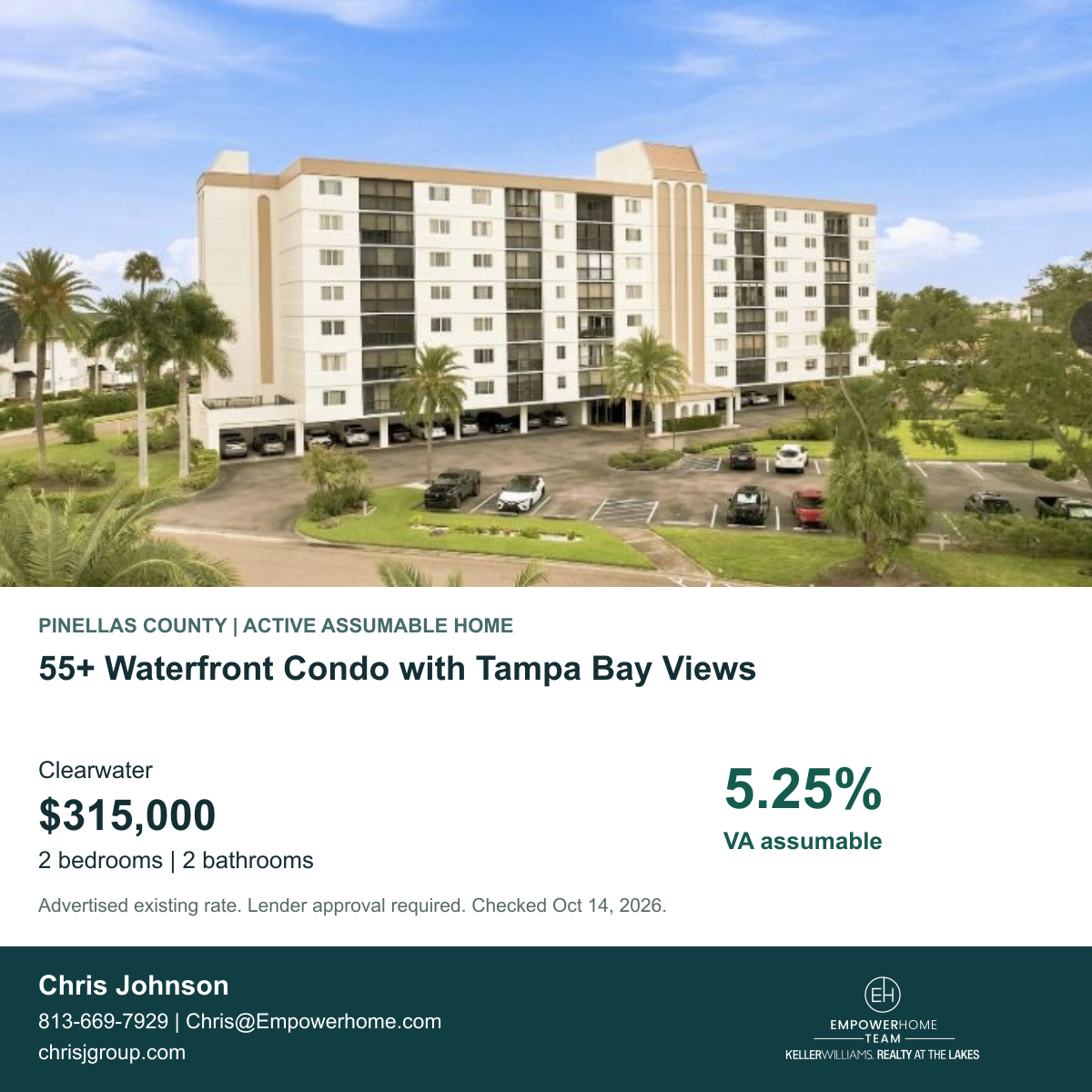 55+ Waterfront Condo with Tampa Bay Views in Clearwater, Pinellas County; exterior photo, asking price and advertised VA assumption rate