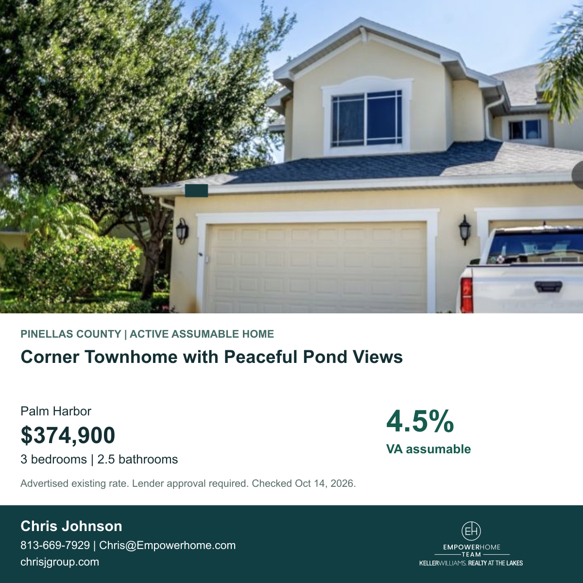 Corner Townhome with Peaceful Pond Views in Palm Harbor, Pinellas County; exterior photo, asking price and advertised VA assumption rate