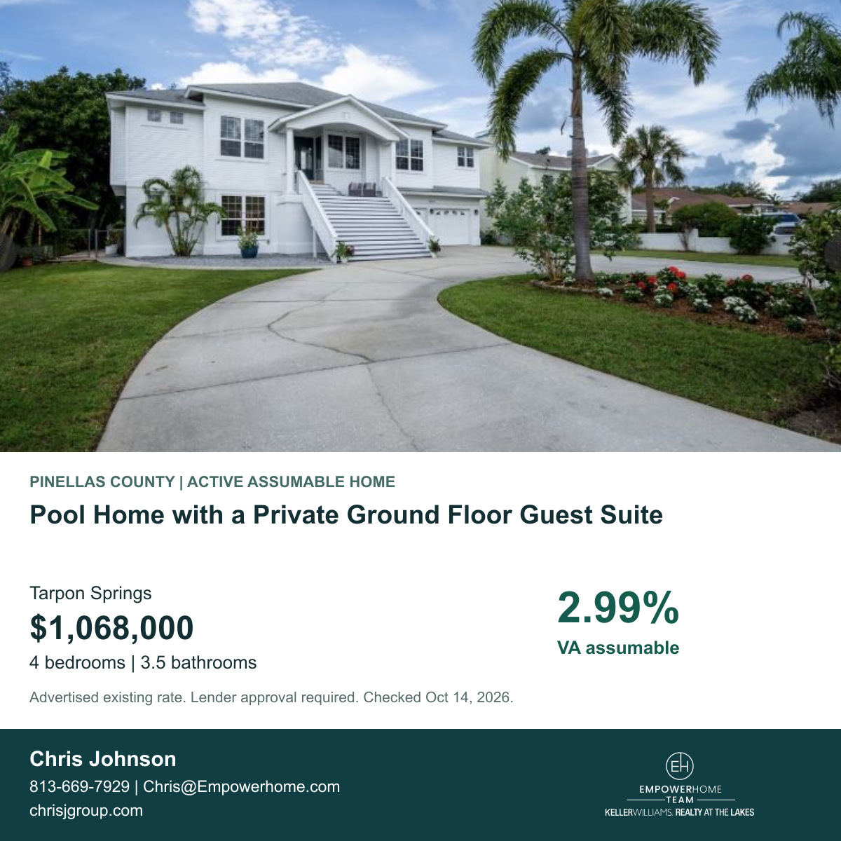 Pool Home with a Private Ground Floor Guest Suite in Tarpon Springs, Pinellas County; exterior photo, asking price and advertised VA assumption rate