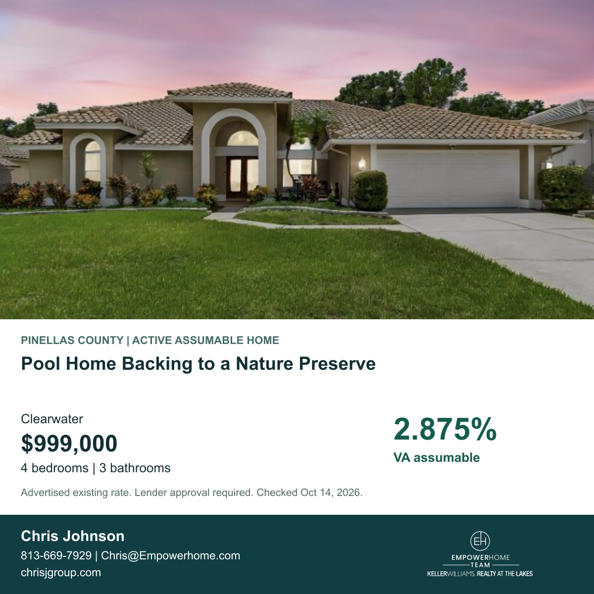 Pool Home Backing to a Nature Preserve in Clearwater, Pinellas County; exterior photo, asking price and advertised VA assumption rate