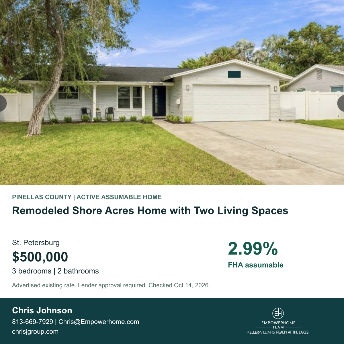 Remodeled Shore Acres Home with Two Living Spaces in St. Petersburg, Pinellas County; exterior photo, asking price and advertised FHA assumption rate