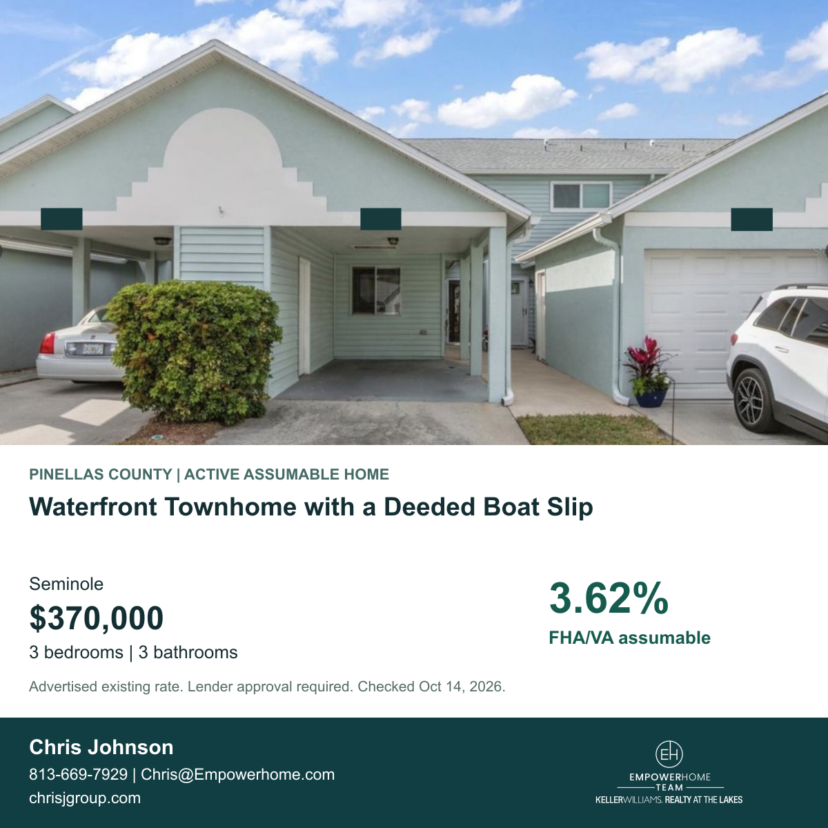 Waterfront Townhome with a Deeded Boat Slip in Seminole, Pinellas County; exterior photo, asking price and advertised FHA/VA assumption rate