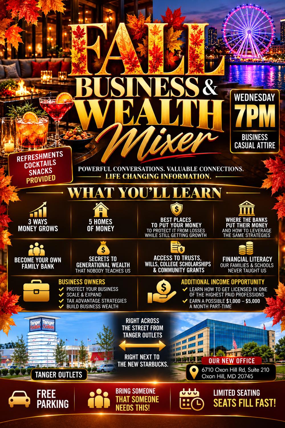 Fall Business & Wealth Mixer flyer — National Harbor, Wednesdays at 7 PM