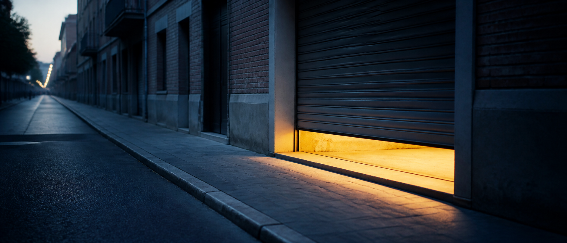 Persiana de un negocio a media altura al amanecer