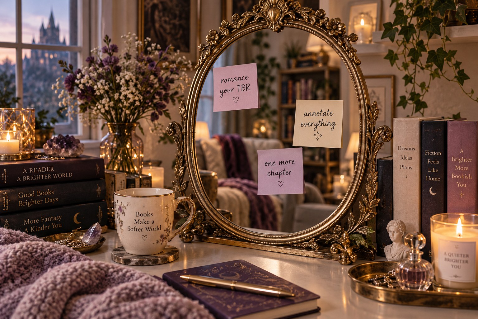 Cozy reading space with an ornate gold mirror and sticky notes reading romance your TBR, annotate everything, and one more chapter