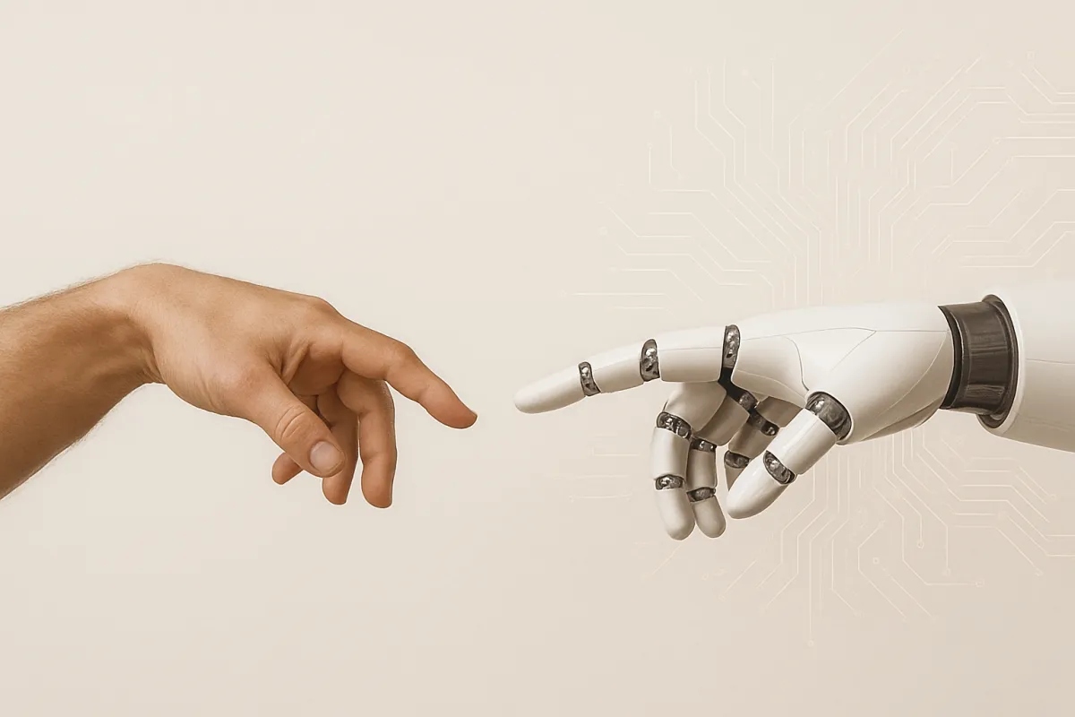 Two hands almost touching, fingertip to fingertip, one human and one open in offering, on a warm cream background
