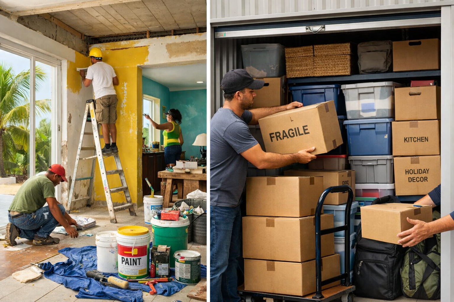 Jamaican home under renovation with paint and tools on one side and neatly organized storage boxes being placed into a secure storage unit in Montego Bay