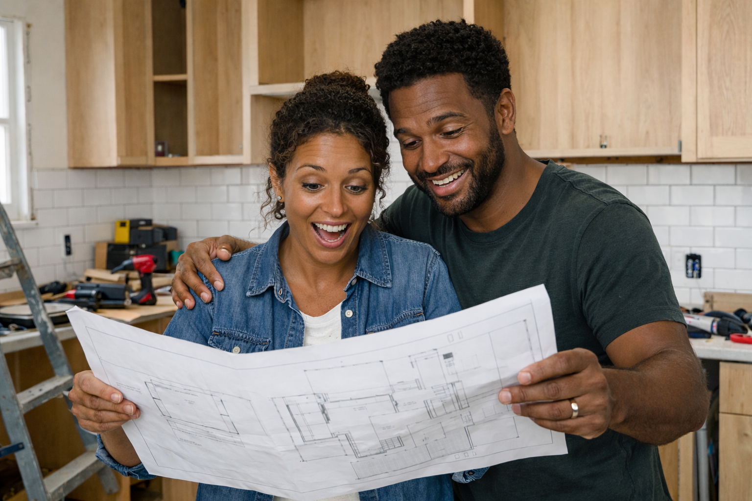 Black couple reviewing kitchen renovation plans inside a partially renovated home with new tiles and unfinished cabinets, planning home improvement and storage solutions.