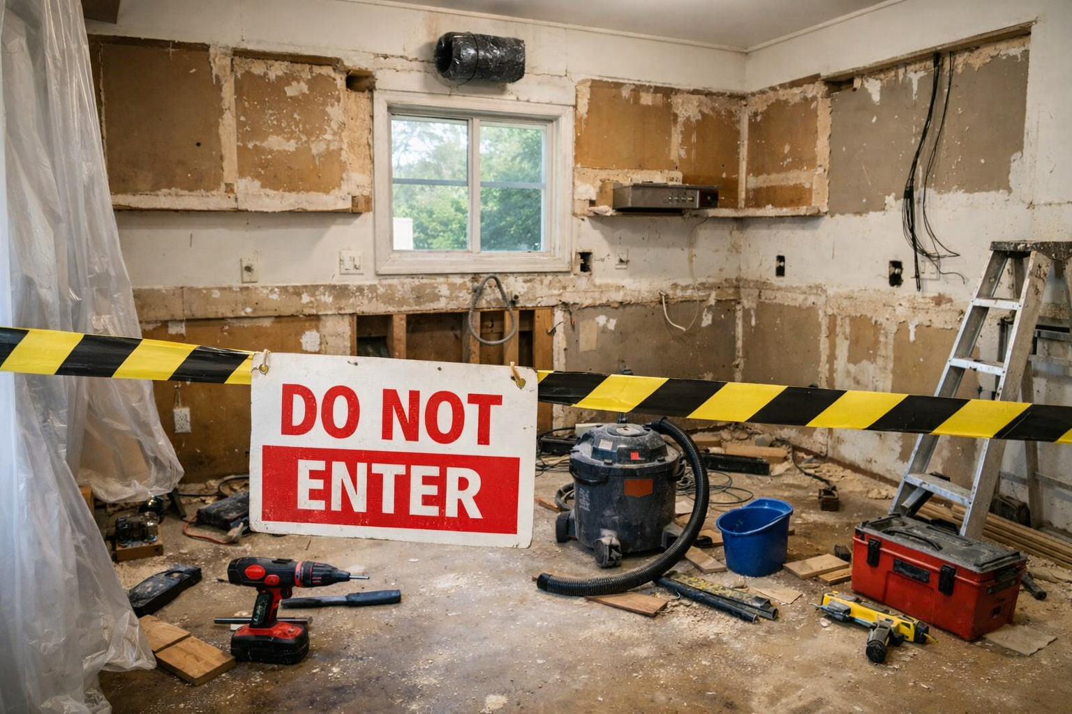 Kitchen under renovation with cabinets removed, exposed walls, tools scattered, and a “Do Not Enter” sign showing disruption during home remodeling.