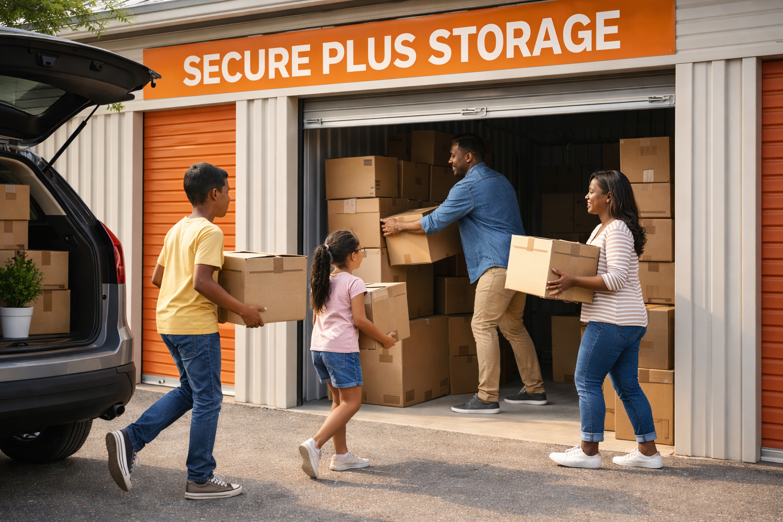 amaican family loading packed boxes into Secure Plus Storage unit in Montego Bay for safe and organized home storage solution