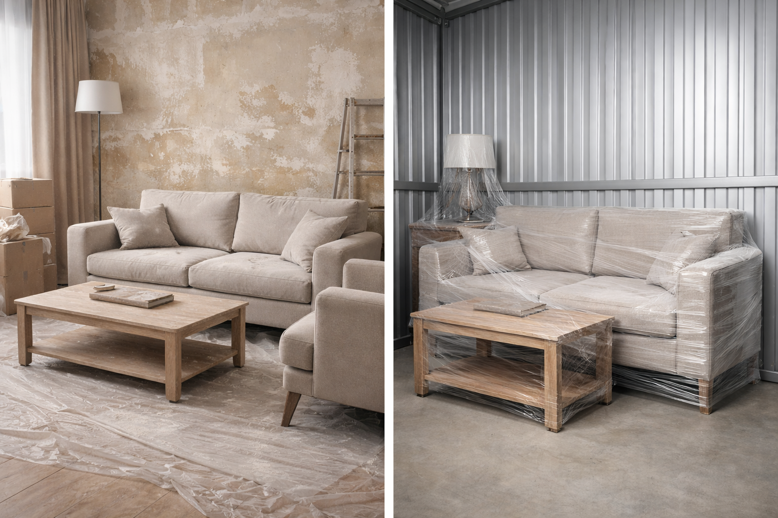 Before and after comparison of modern living room furniture during home renovation, showing dusty furniture on left and clean wrapped furniture stored safely in Secure Plus Storage unit in Montego Bay Jamaica.