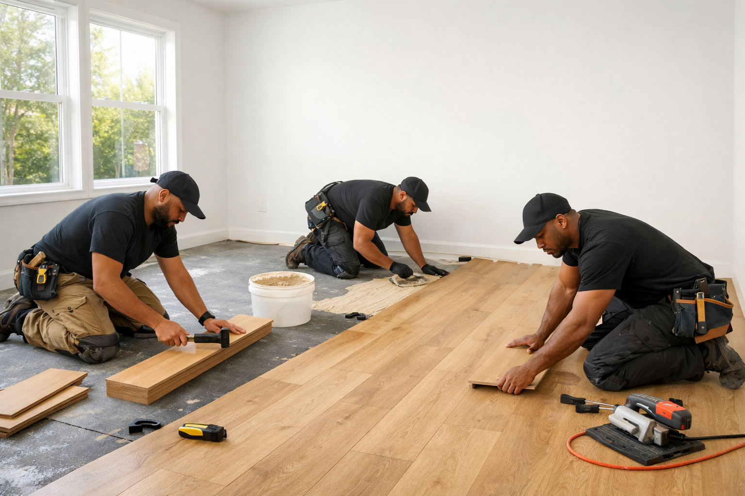 Black flooring contractors installing laminate wood flooring in a clean empty room with bright natural light, showing efficient home renovation work.