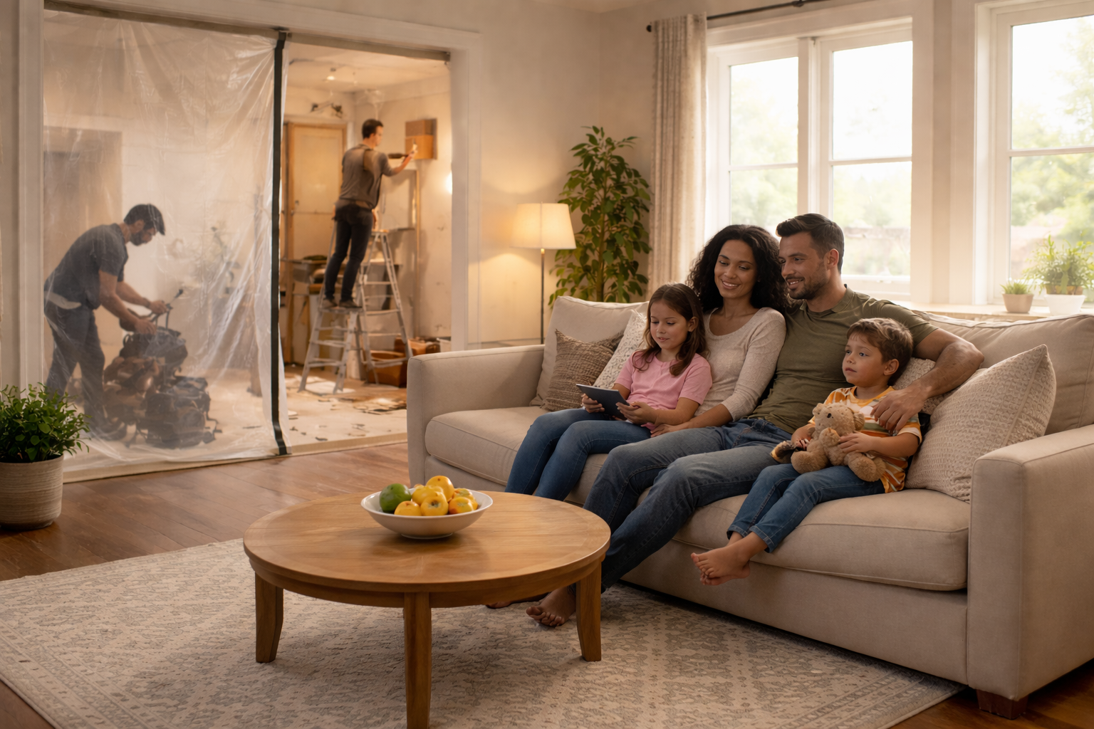 Black family relaxing comfortably in a clean living room while home renovation work is happening in an isolated section of the house
