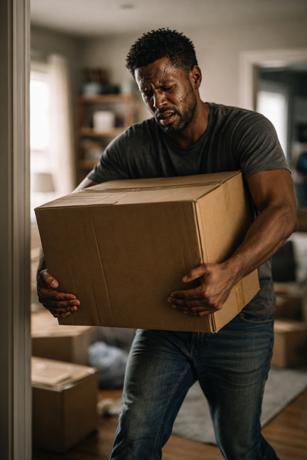 Frustrated homeowner carrying a heavy box between rooms in a cluttered house, showing lack of space and need for storage solutions