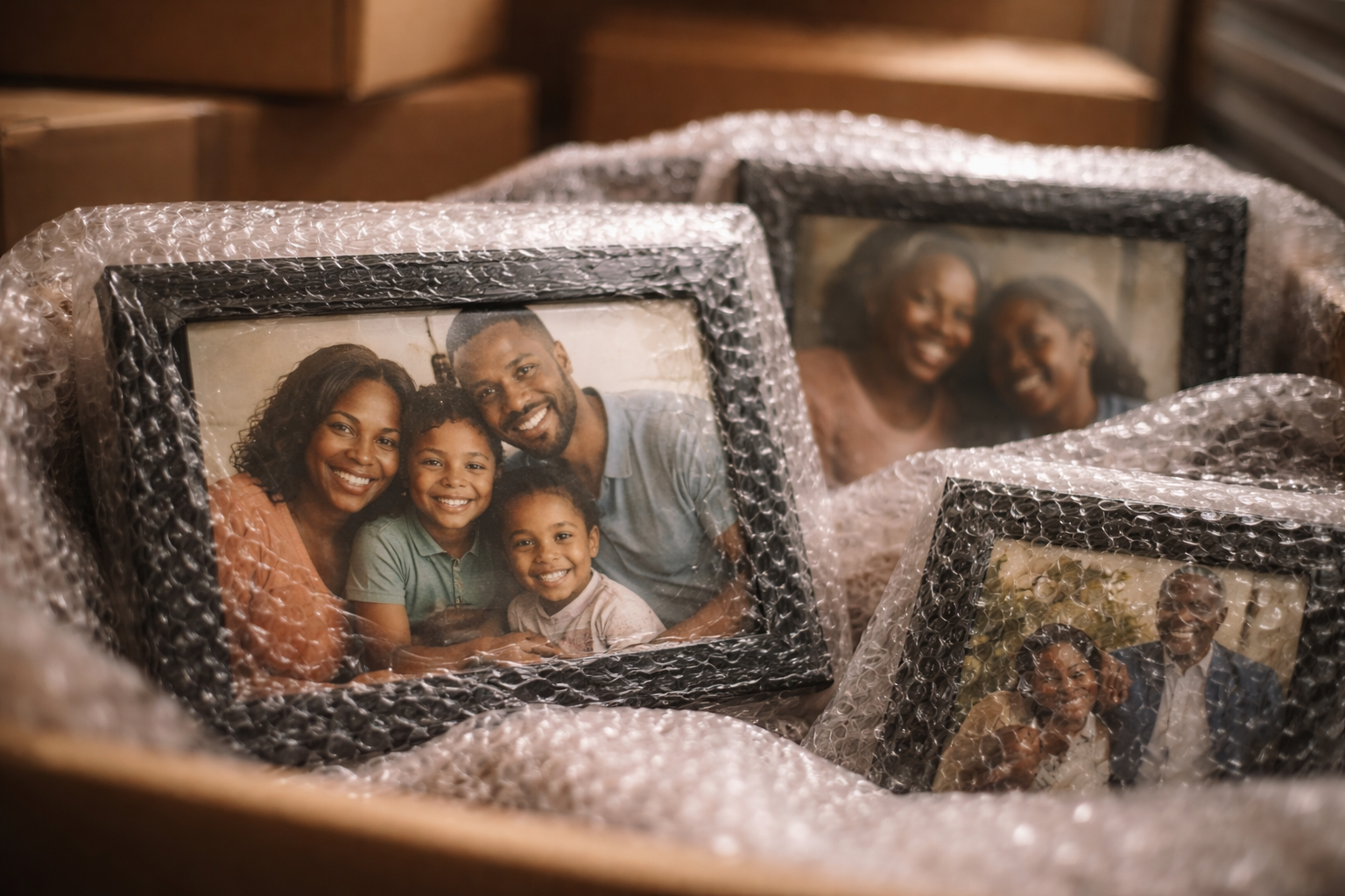 Close-up of protected family photos wrapped in bubble wrap inside a secure storage unit in Jamaica, showing safe and careful storage of sentimental items.
