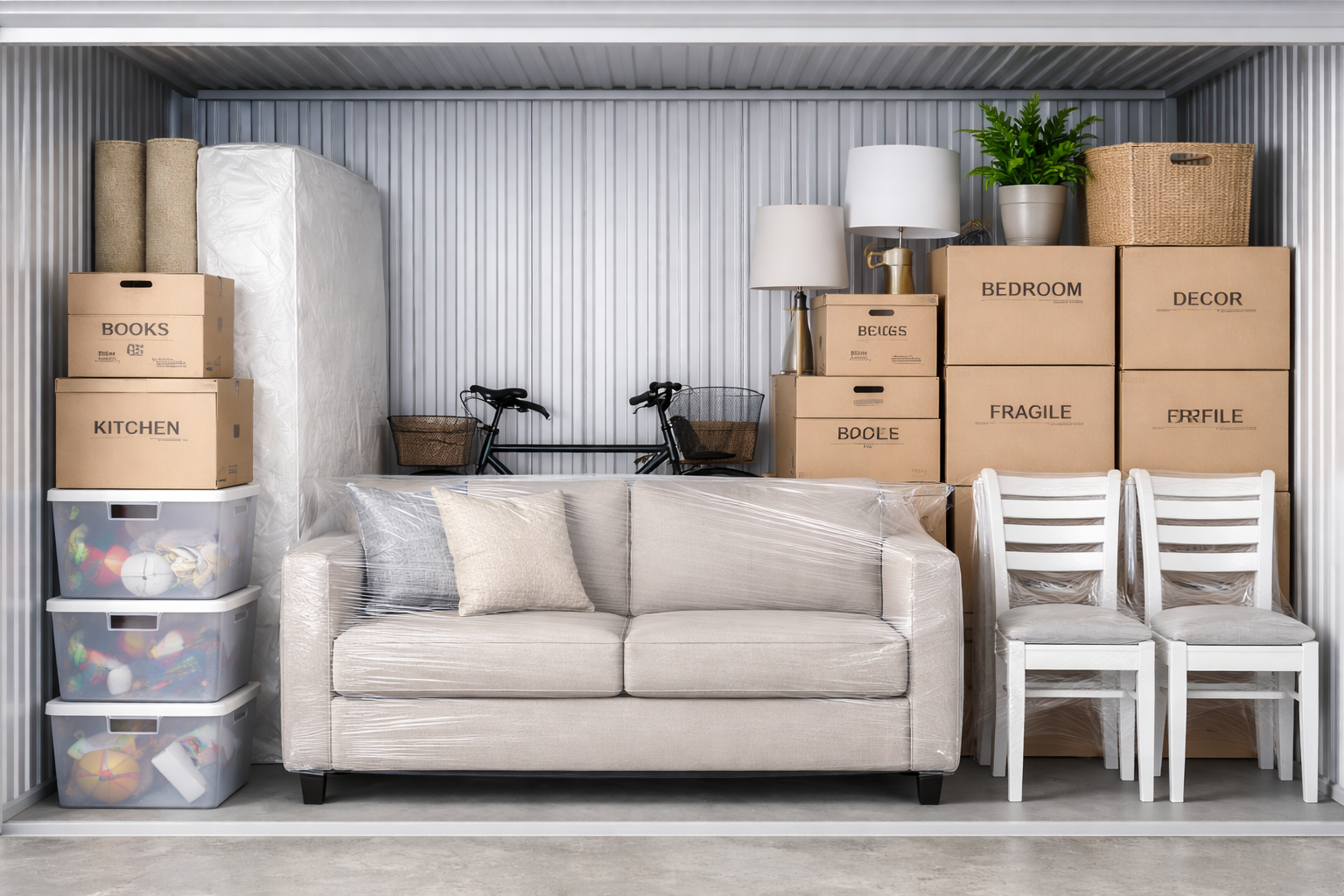 Neatly organized storage unit with sofa, upright mattress, stacked dining chairs, and labeled boxes arranged cleanly in a secure storage space.
