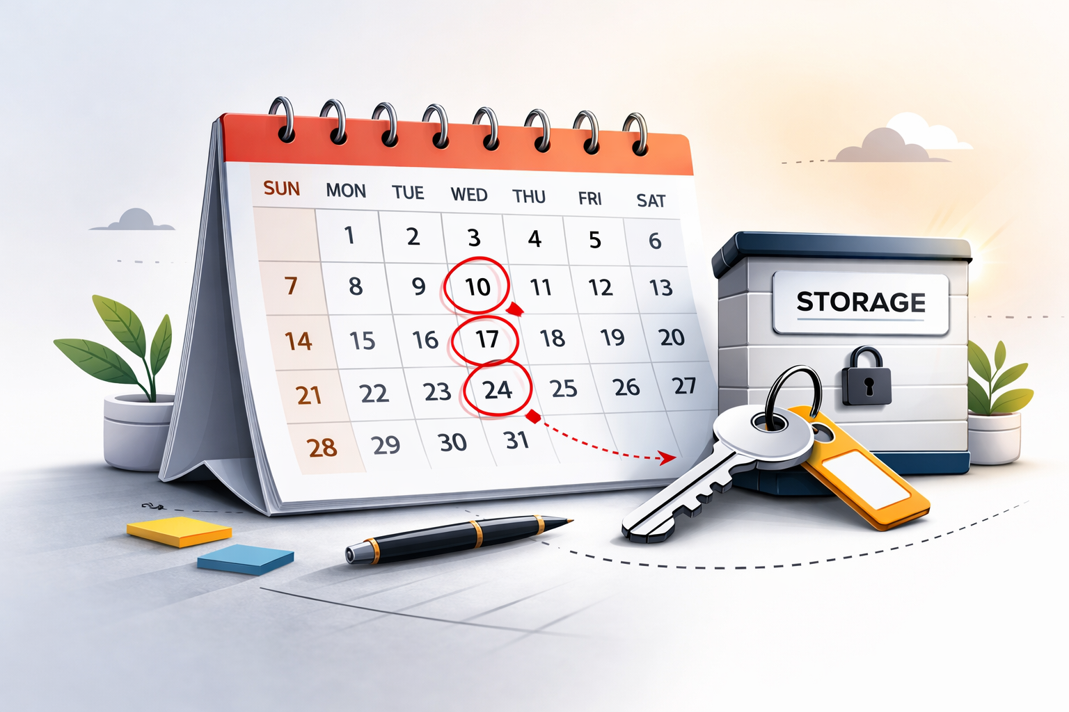 Flexible moving dates calendar with storage key and box, stress-free self storage planning in Montego Bay Jamaica