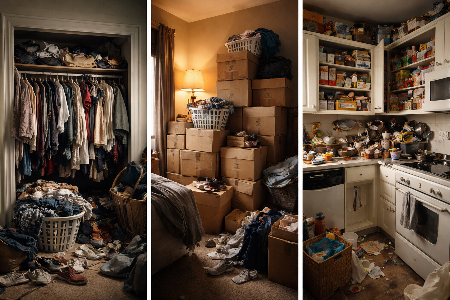 Overstuffed closet with clothes falling out, stacked boxes in bedroom corner, and overloaded kitchen cabinets showing lack of space in a Montego Bay home before using storage solutions. Overstuffed closet with clothes falling out, stacked boxes in bedroom corner, and overloaded kitchen cabinets showing lack of space in a Montego Bay home before using storage solutions.