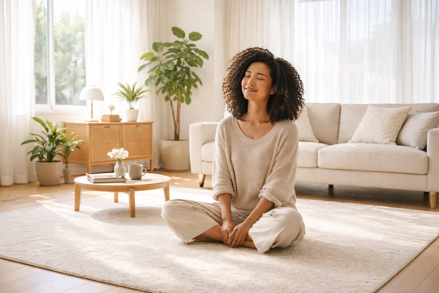 Black woman sitting calmly in a bright organized living room with minimal furniture and open space, feeling relaxed and clutter-free at home in Jamaica. Black woman sitting calmly in a bright organized living room with minimal furniture and open space, feeling relaxed and clutter-free at home in Jamaica.