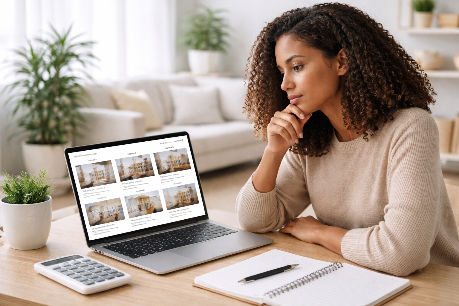Black woman reviewing apartment rental listings on laptop with calculator and notebook, planning housing budget in a clean modern home. Black woman reviewing apartment rental listings on laptop with calculator and notebook, planning housing budget in a clean modern home.