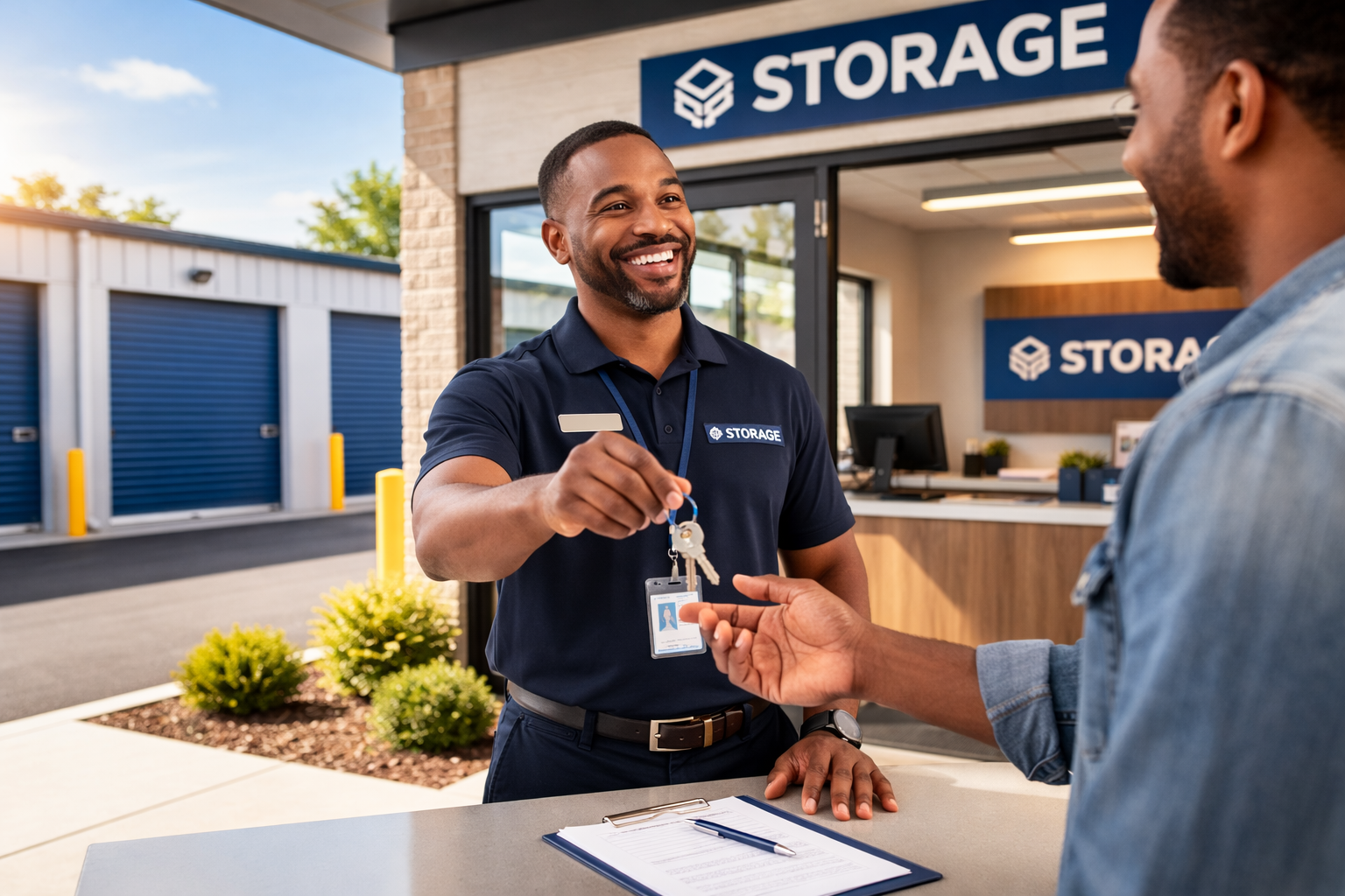 Black storage facility manager smiling and handing over storage unit keys to customer at Secure Plus Storage in Montego Bay Jamaica Black storage facility manager smiling and handing over storage unit keys to customer at Secure Plus Storage in Montego Bay Jamaica