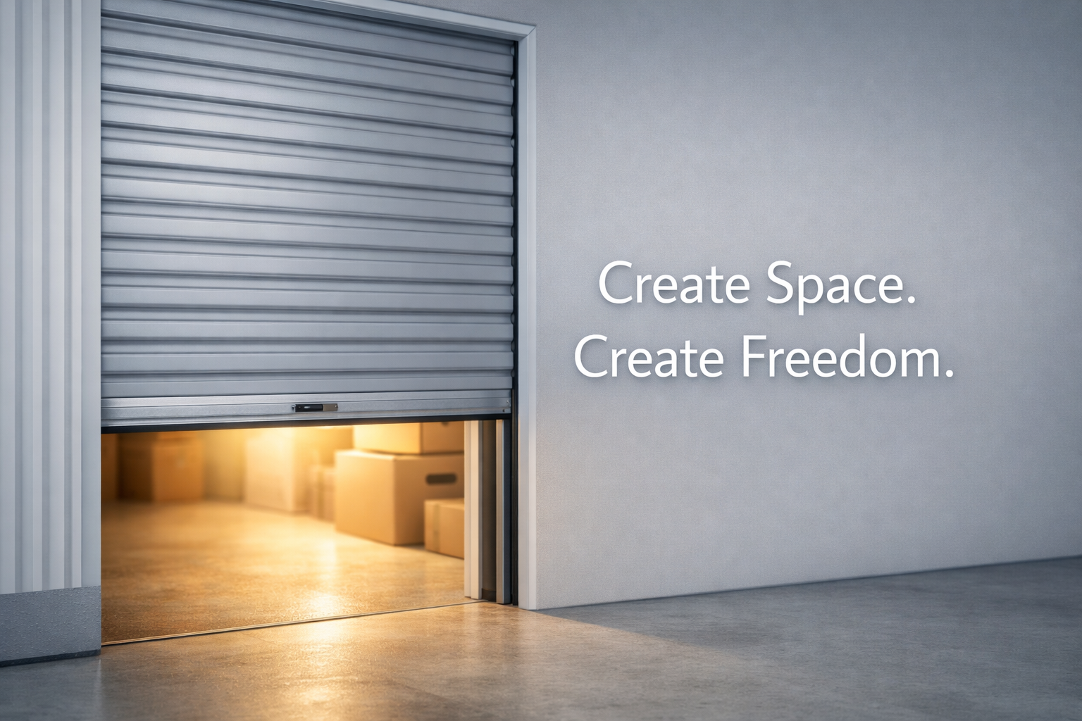 Partially open storage unit door with soft warm light and neatly stored boxes inside, symbolizing extra space and freedom at Secure Plus Storage Montego Bay. Partially open storage unit door with soft warm light and neatly stored boxes inside, symbolizing extra space and freedom at Secure Plus Storage Montego Bay.