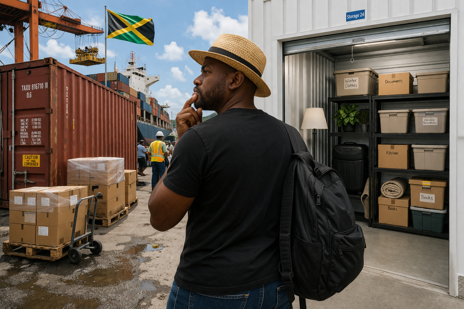 Returning Jamaican man choosing between shipping container at Montego Bay port and clean storage unit facility, illustrating container vs storage decision