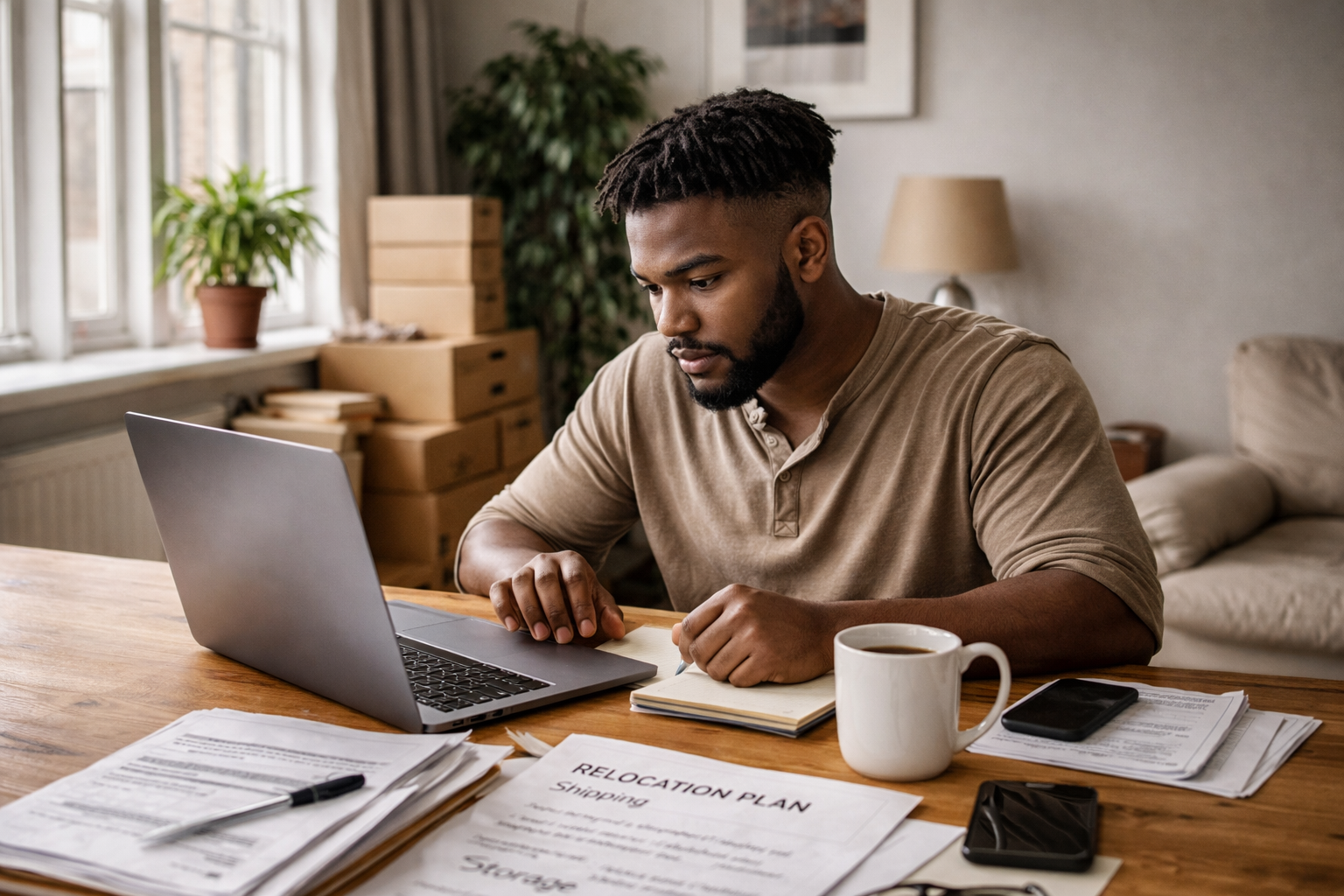 Black man sitting at a desk reviewing relocation plans on a laptop, surrounded by documents, coffee mug, and moving notes in a naturally lit home workspace