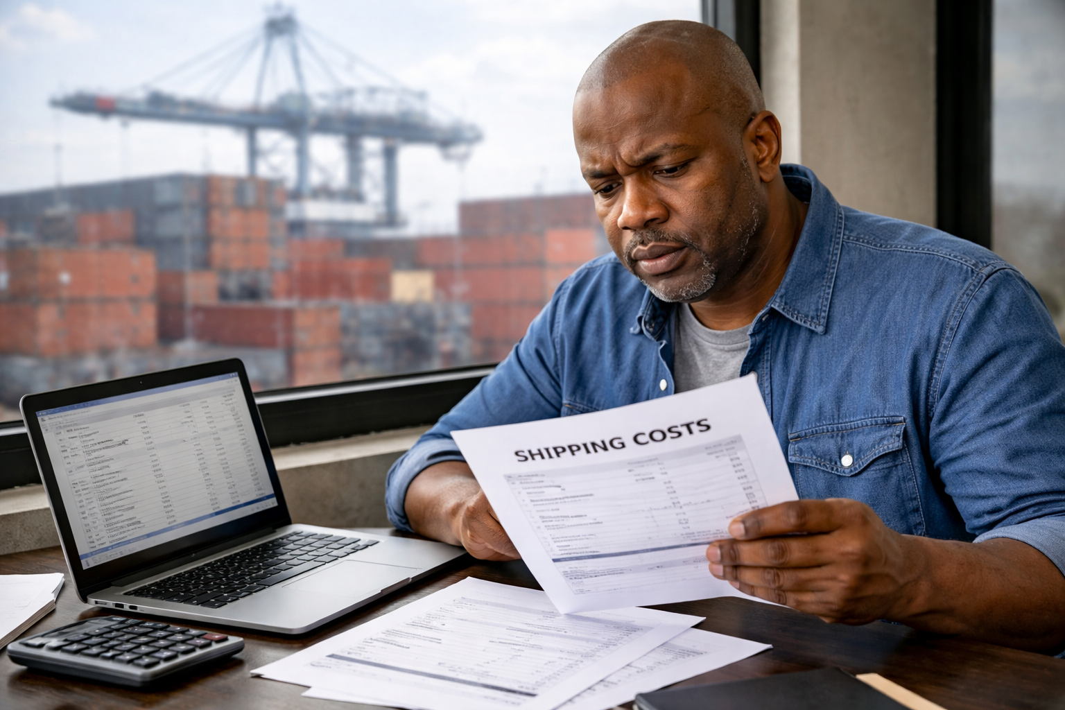 Black man reviewing shipping costs on laptop and paperwork with shipping containers visible in background, deciding between container shipping and storage in Jamaica