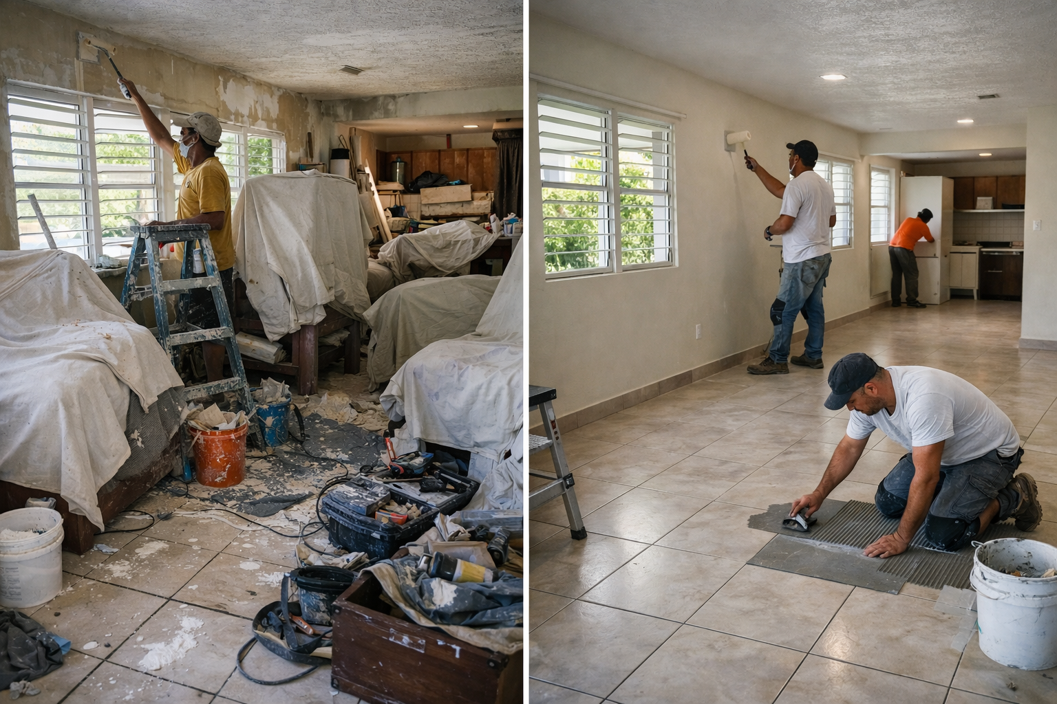 Before and after home renovation in Jamaica showing cluttered space with furniture during construction versus empty cleared room with contractors working efficiently