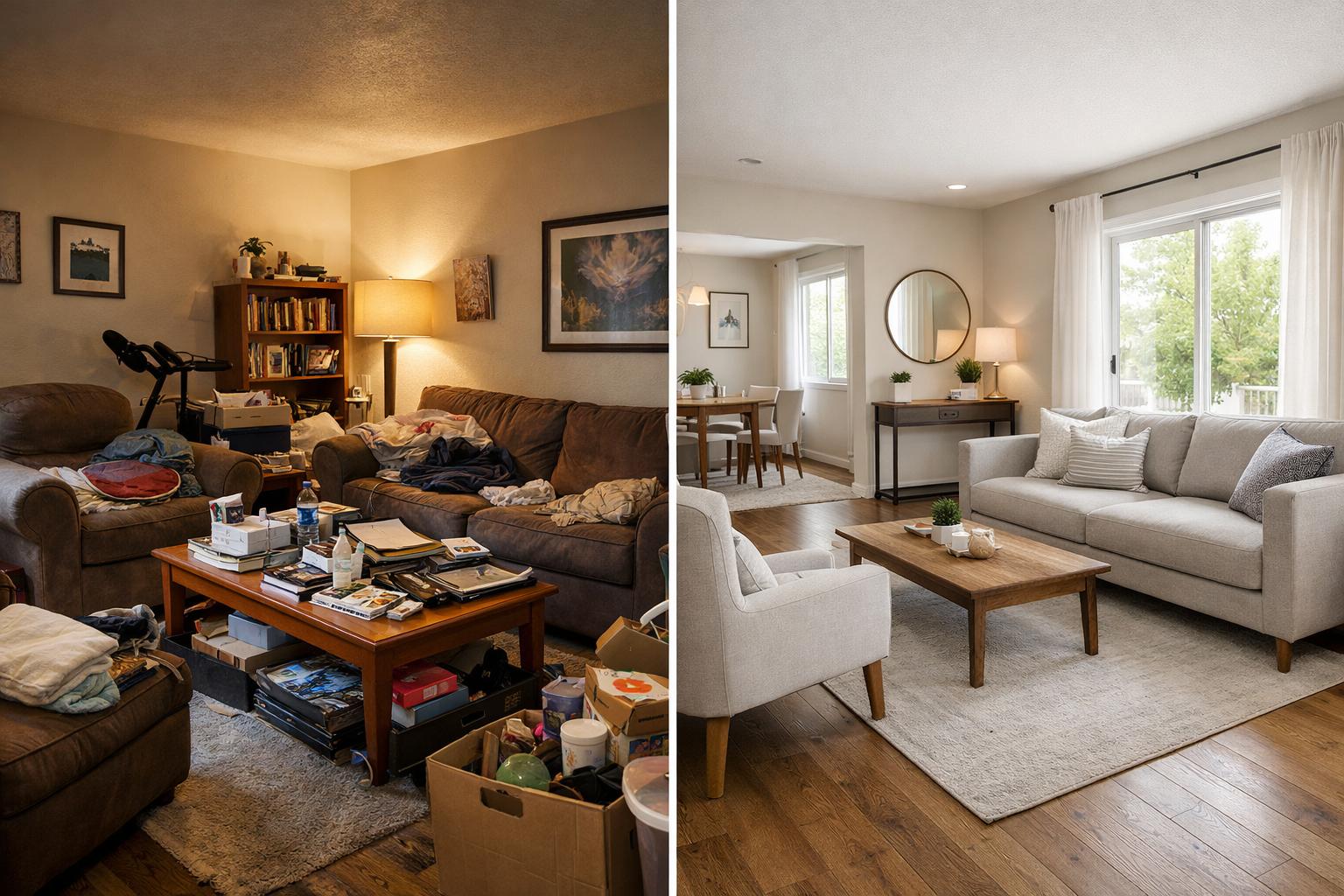 Before and after home staging showing cluttered living room transformed into a clean, bright, and spacious modern layout