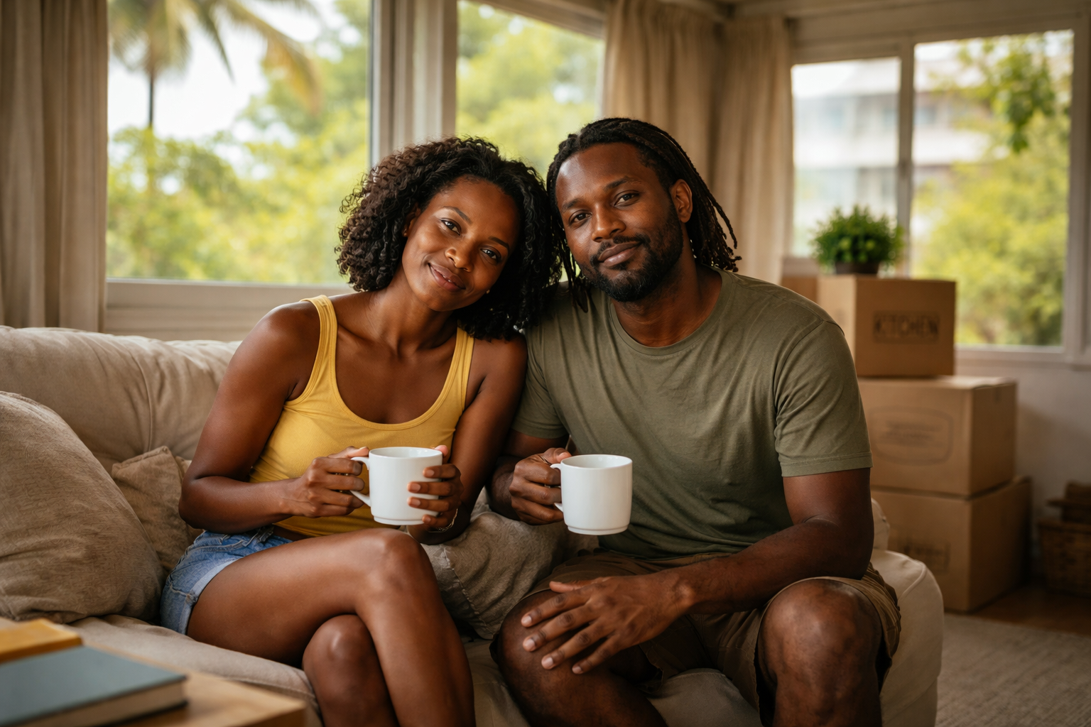Jamaican couple relaxing in a clean temporary home setup with minimal boxes, enjoying coffee in natural daylight with a calm and peaceful atmosphere