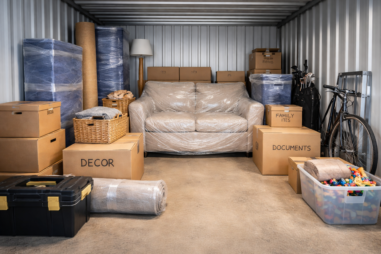 Clean storage unit with neatly wrapped furniture and labeled boxes including decor, family items, and documents, organized with clear access space for safe and secure storage