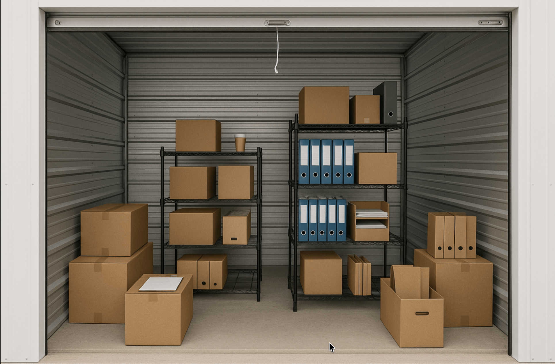Clean storage unit with neatly wrapped furniture and labeled boxes including decor, family items, and documents, organized with clear access space for safe and secure storage