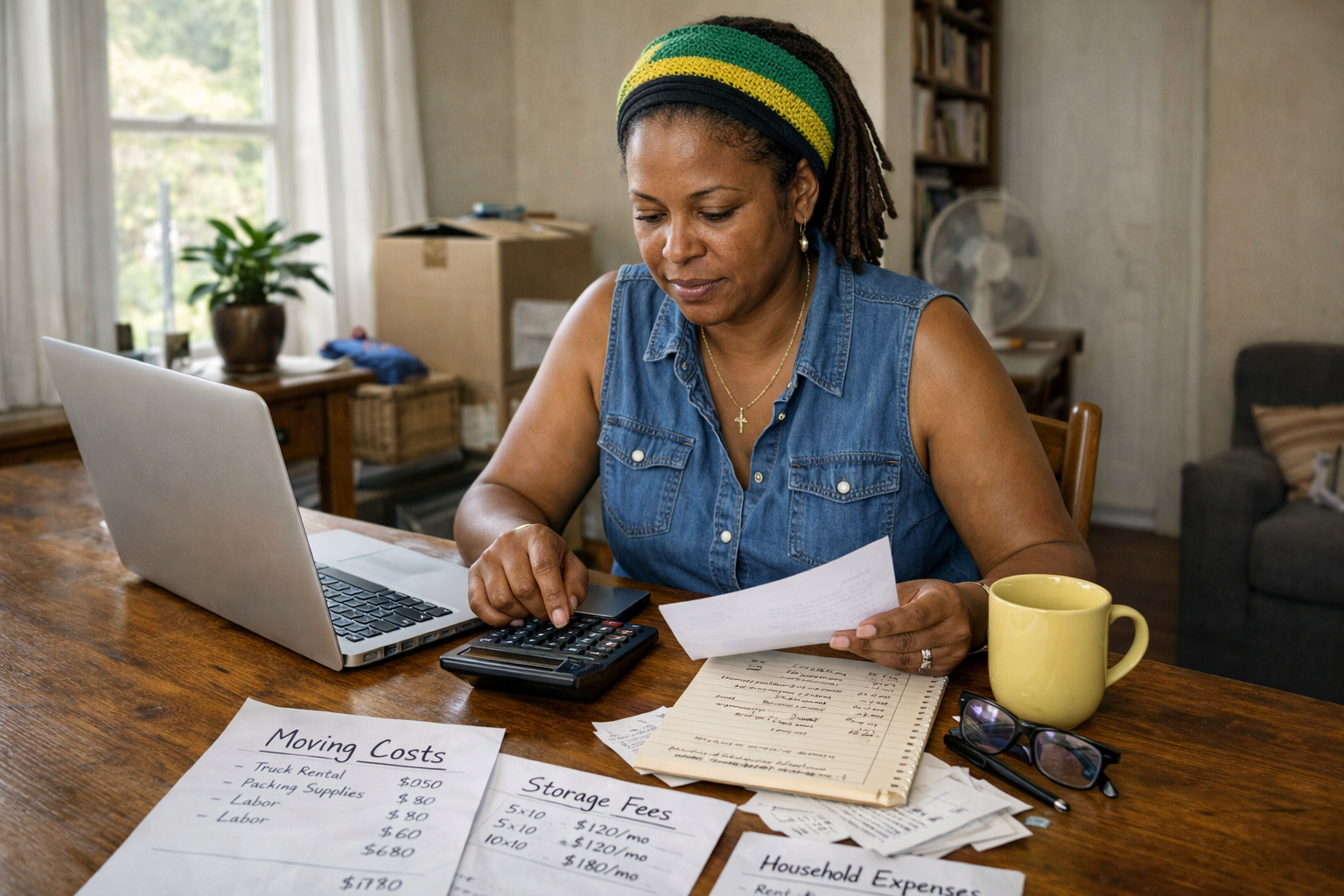 Jamaican person reviewing moving costs, storage pricing, and household expenses at home with calculator and laptop in natural daylight