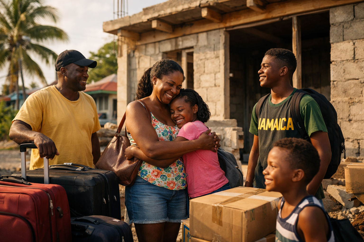Jamaican family standing outside a partially completed home in Montego Bay with suitcases and boxes, smiling with relief and hope in warm tropical sunlight