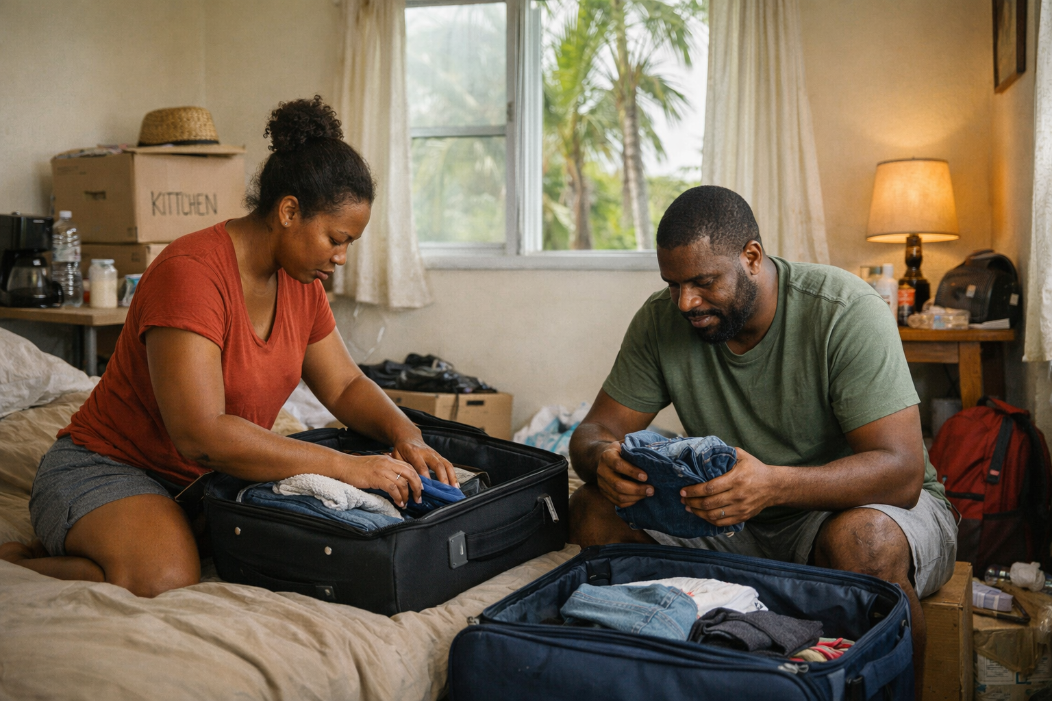 Jamaican couple unpacking suitcases in a modest temporary living space surrounded by moving boxes, with soft natural light and tropical palm trees visible outside