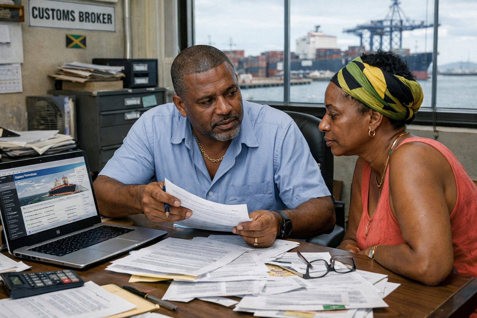 Jamaican customs broker reviewing shipping paperwork with returning resident in logistics office with port visible outside