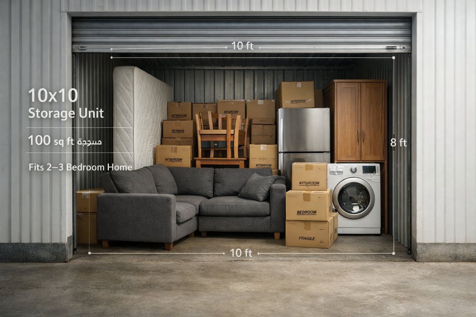 10x10 storage unit in Montego Bay showing furniture, appliances, and labeled boxes neatly arranged with dimension guides and capacity overlay fitting a 2–3 bedroom home