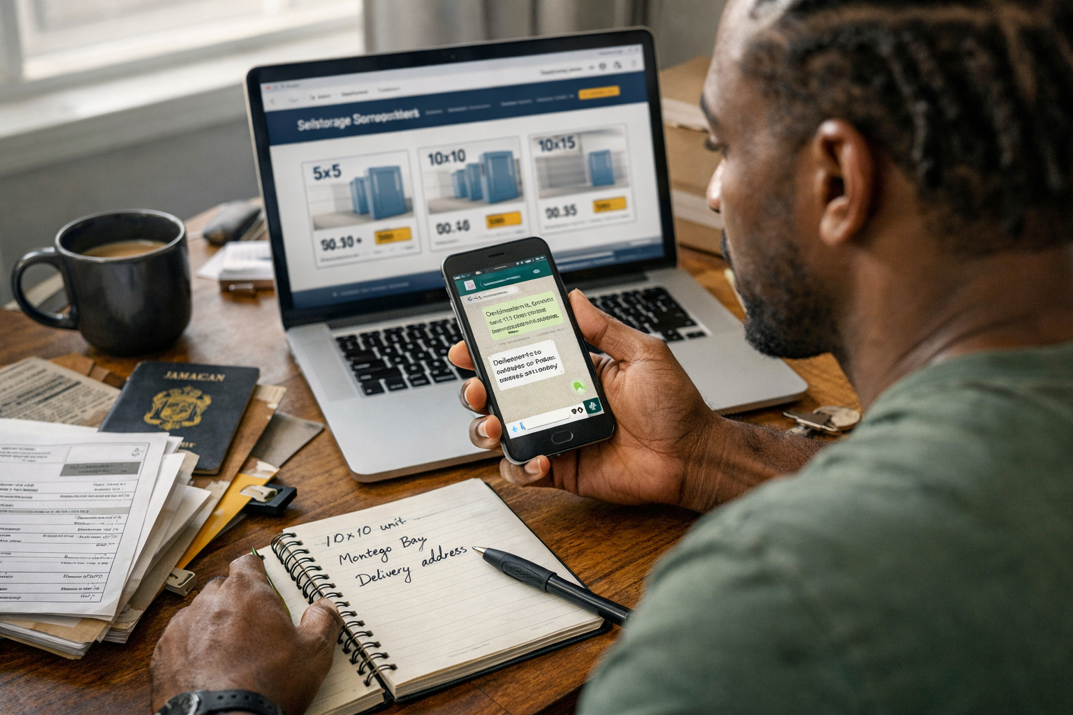 Jamaican professional abroad planning move back home, booking storage unit on laptop and WhatsApp with notes for Montego Bay delivery