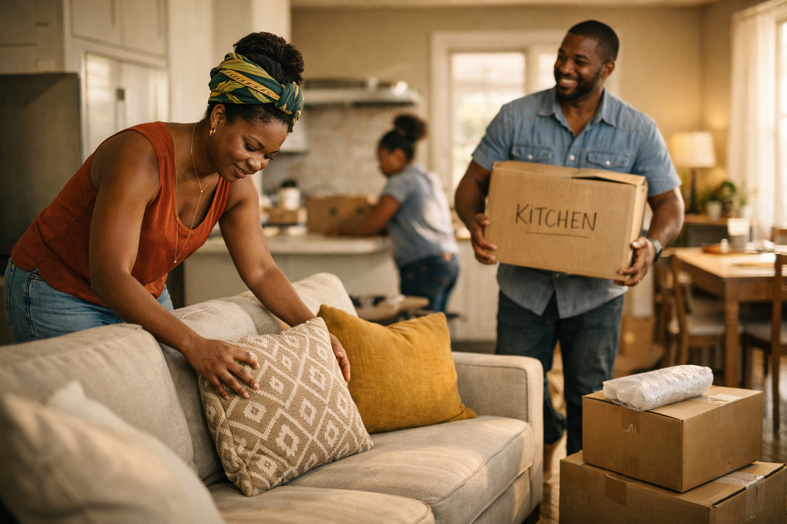 Jamaican family happily moving into a fully finished home, arranging furniture and unpacking boxes in a bright, clean living space