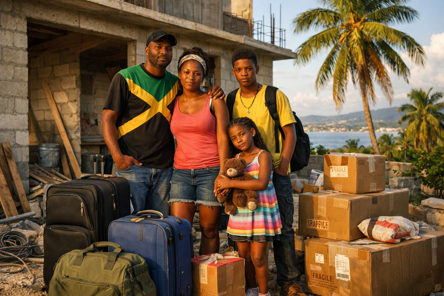 Jamaican family standing outside partially completed home in Montego Bay with suitcases and moving boxes, showing hopeful yet overwhelmed emotions during relocation