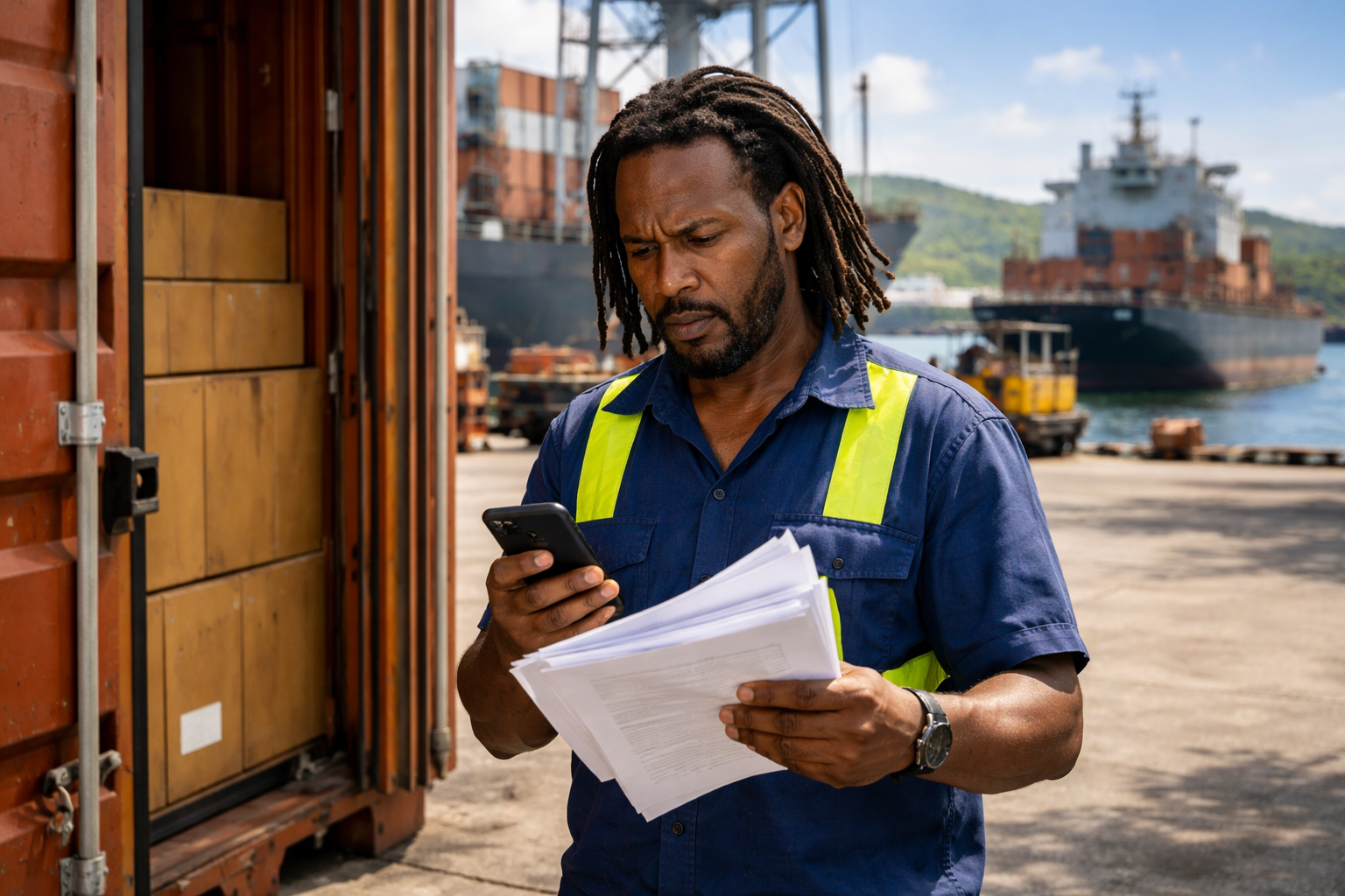 Jamaican man at Caribbean port reviewing documents and phone beside open shipping container, dealing with moving delay under tropical sunlight
